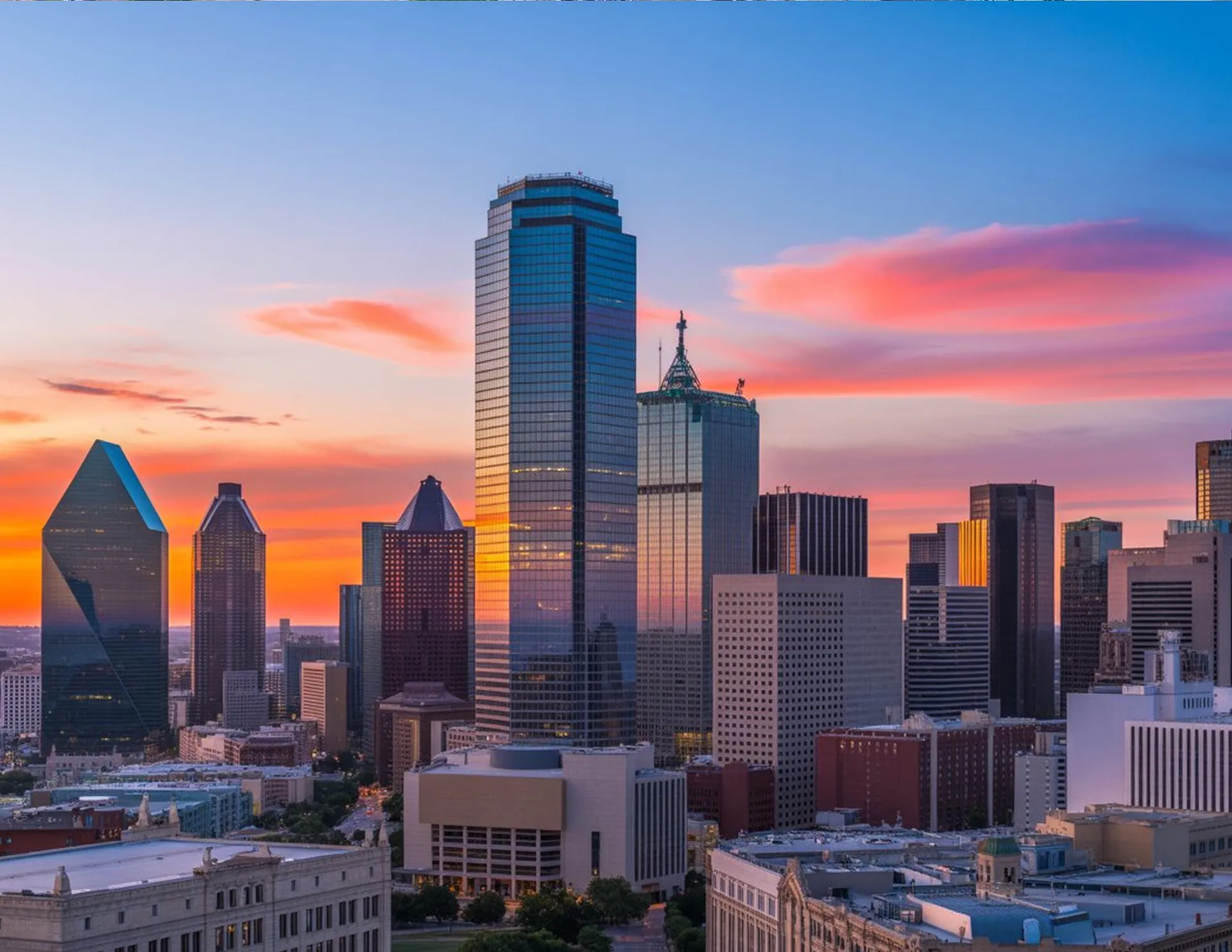 Horizonte comercial de Dallas al atardecer